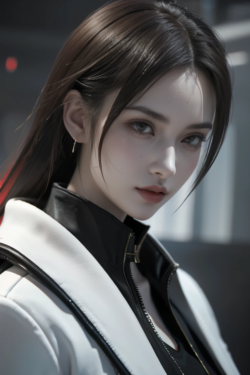 Game art，The best picture quality，Highest resolution，8K，(A bust photograph)，(Portrait)，(Head close-up:1.5)，(Rule of thirds)，Unreal Engine 5 rendering works， (The Girl of the Future)，(Female Warrior)， 22岁少女，(Female hackers)，(White and red gradient，Ancient Oriental hairstyle)，((The pupils of the red eyes:1.3))，(A beautiful eye full of detail)，(Big breasts)，(Eye shadow)，优雅迷人，冷漠，((Anger))，(Cyberpunk jacket full of futuristic look，Joint Armor，There are exquisite Chinese patterns on the clothes，A flash of jewellery)，赛博朋克人物，未来风格， 拍照姿势，城市背景，Movie lights，Ray tracing，Game CG，((3D Unreal Engine))，oc渲染反射纹