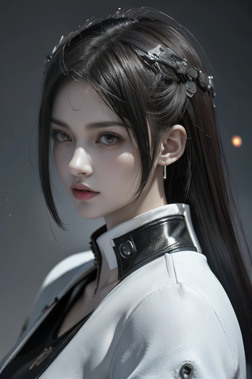 Game art，The best picture quality，Highest resolution，8K，(A bust photograph)，(Portrait)，(Head close-up:1.5)，(Rule of thirds)，Unreal Engine 5 rendering works， (The Girl of the Future)，(Female Warrior)， 22-year-old girl，(Female hackers)，(White and red gradient，Ancient Oriental hairstyle)，((The pupils of the red eyes:1.3))，(A beautiful eye full of detail)，(Big breasts)，(Eye shadow)，Elegant and charming，indifferent，((Anger))，(Cyberpunk jacket full of futuristic look，Joint Armor，There are exquisite Chinese patterns on the clothes，A flash of jewellery)，Cyberpunk Characters，Future Style， Photo poses，City background，Movie lights，Ray tracing，Game CG，((3D Unreal Engine))，oc rendering reflection pattern