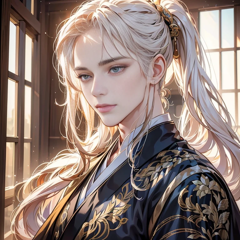 (original photo:1.2), (lifelike:1.4), (A handsome man:1.4),long white hair，ponytail，Hanfu, The eyes and face are very detailed, Beautiful and delicate eyes, whole body, 4K resolution, High quality model, high detail, HD, There is light on the face, Cinema lighting  