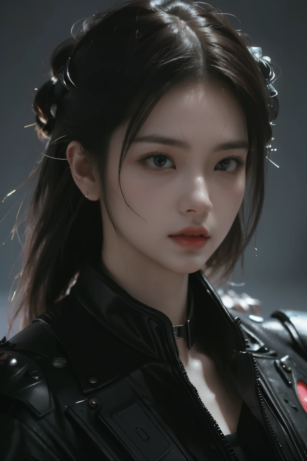 Game art，The best picture quality，Highest resolution，8K，(A bust photograph)，(Portrait)，(Head close-up:1.5)，(Rule of thirds)，Unreal Engine 5 rendering works， (The Girl of the Future)，(Female Warrior)， 22岁少女，(Female hackers)，(White and red gradient，Ancient Oriental hairstyle)，((The pupils of the red eyes:1.3))，(A beautiful eye full of detail)，(Big breasts)，(Eye shadow)，优雅迷人，冷漠，((Anger))，(Cyberpunk jacket full of futuristic look，Joint Armor，There are exquisite Chinese patterns on the clothes，A flash of jewellery)，赛博朋克人物，未来风格， 拍照姿势，城市背景，Movie lights，Ray tracing，Game CG，((3D Unreal Engine))，oc渲染反射纹