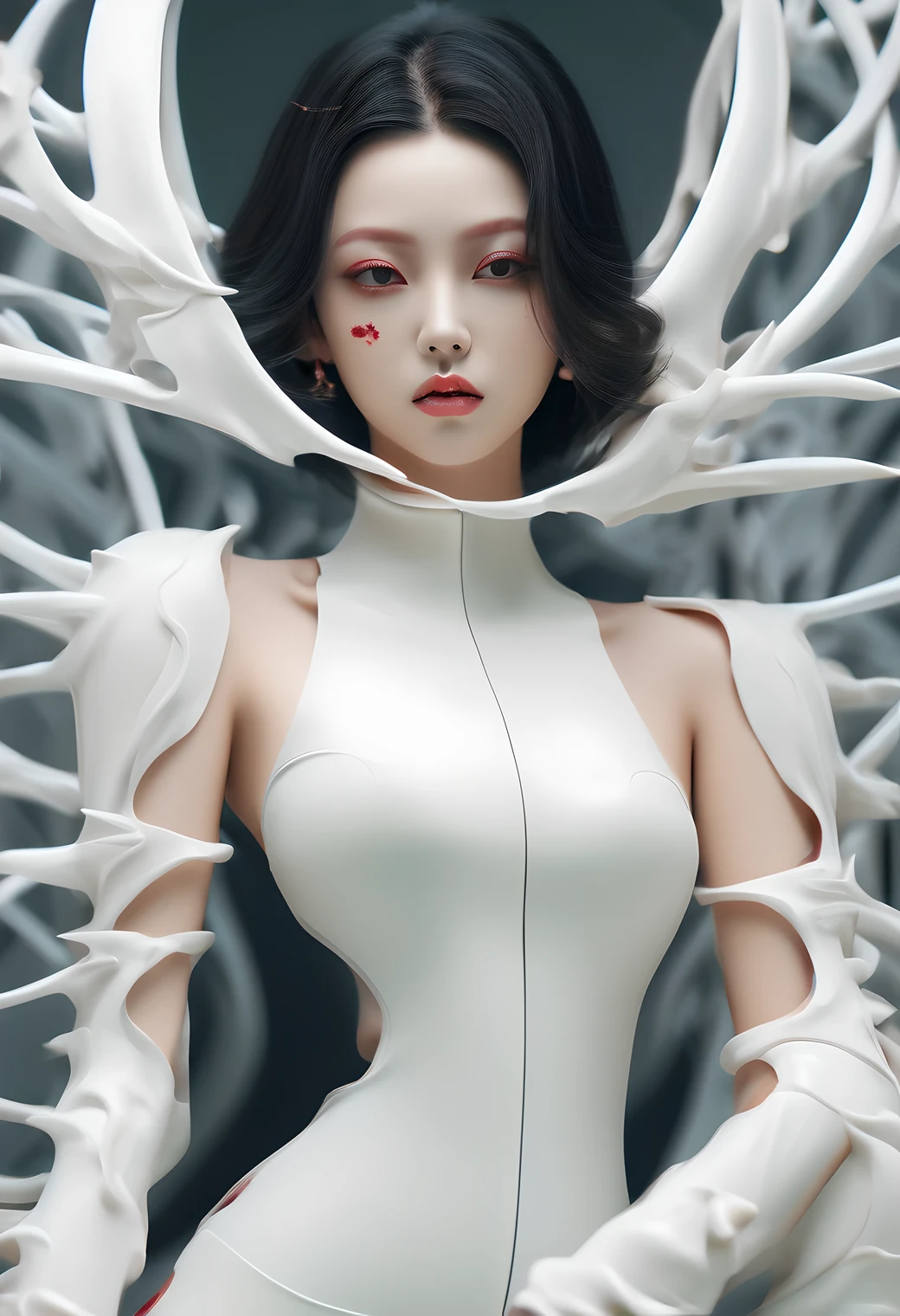 (masterpiece, best quality:1.2), 1 beautiful chinese girl, solo，smill，fullbody shoot，helllady，((Best quality)), ((Masterpiece)), ((Realistic))，axial symmetry:2, magnificent bloody hell background in scarlet style，white mixed latex，sexy，eye shadow，cruel