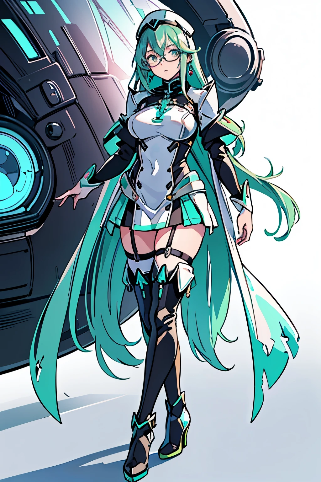 Anime, Girl, (((1girl))), (((Waifu, Xenoblade Chronicles 2, Pneuma Waifu))), (((Seafoam Green Hair, Long Hair))), ((Seafoam Green Eyes eyes:1.3, Upturned Eyes: 1, Perfect Eyes, Beautiful Detailed Eyes, Gradient eyes: 1, Finely Detailed Beautiful Eyes: 1, Symmetrical Eyes: 1, Big Highlight On Eyes: 1.2)), (((Lustrous Skin: 1.5, Bright Skin: 1.5, Skin Fair, Shiny Skin, Very Shiny Skin, Shiny Body, Plastic Glitter Skin, Exaggerated Shiny Skin, Illuminated Skin))), (Detailed Body, (Detailed Face)), Young, Idol Pose, (Best Quality), ((((Techwear))), (((Military Uniform))), (((Military Cap))), (((Military Coat))), (((Thigh-high Heeled Boots))), (((Reading Glasses))), (((Earrings)))) High Resolution, Sharp Focus, Ultra Detailed, Extremely Detailed, Extremely High Quality Artwork, (Realistic, Photorealistic: 1.37), 8k_Wallpaper, (Extremely Detailed CG 8k), (Very Fine 8K CG), ((Hyper Super Ultra Detailed Perfect Piece)), (((Flawlessmasterpiece))), Illustration, Vibrant Colors, (Intricate), High Contrast, Selective Lighting, Double Exposure, HDR (High Dynamic Range), Post-processing, Background Blur