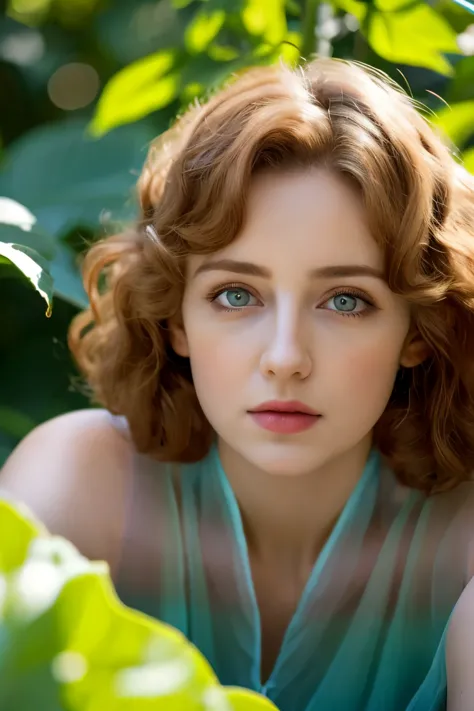 (masterpiece), best quality, expressive eyes, perfect face, A mature Elf lying in the foliage, with big red wavy hair, wearing t...