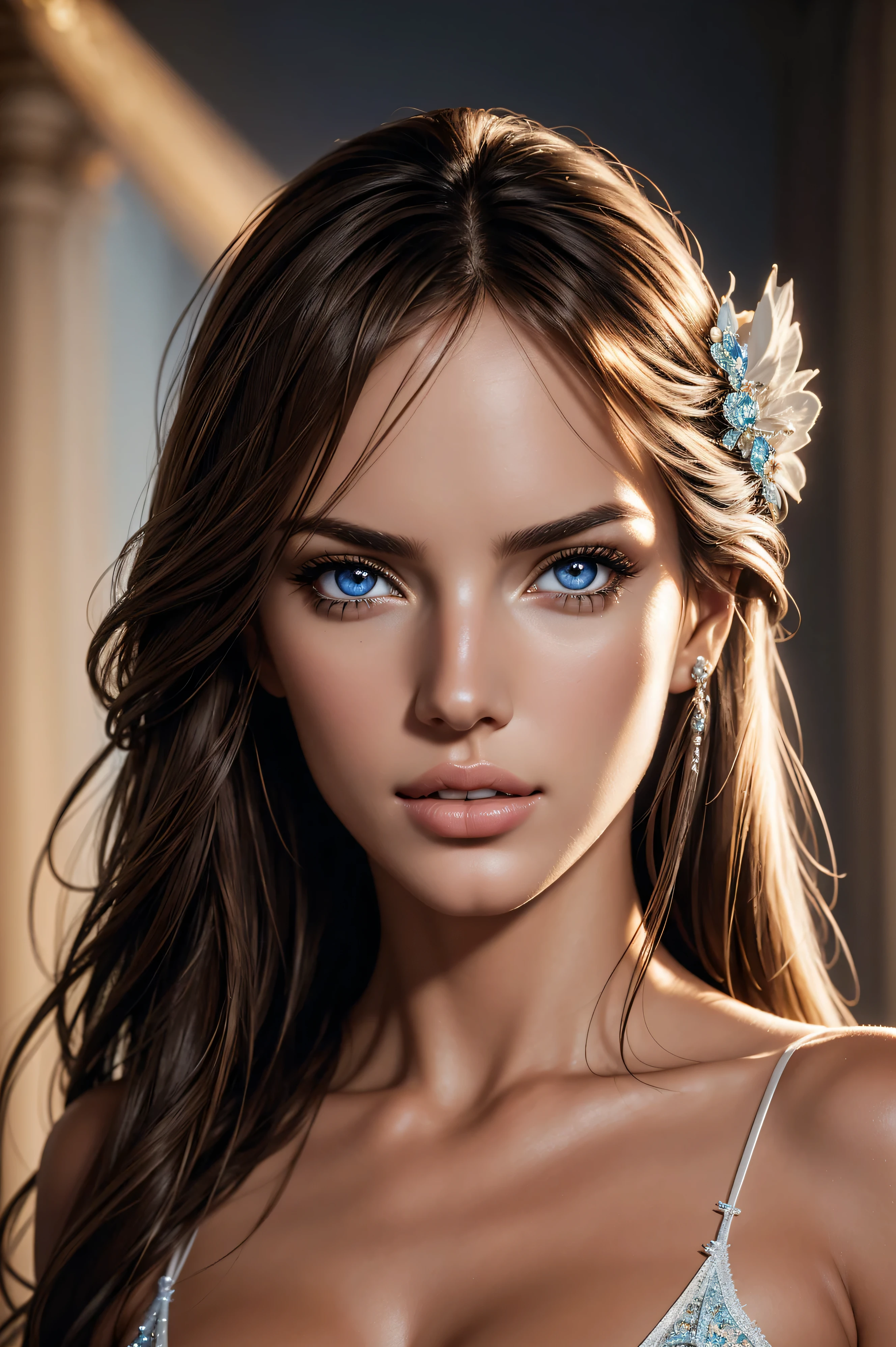 A woman with blue eyes and a flower in her hair - SeaArt AI