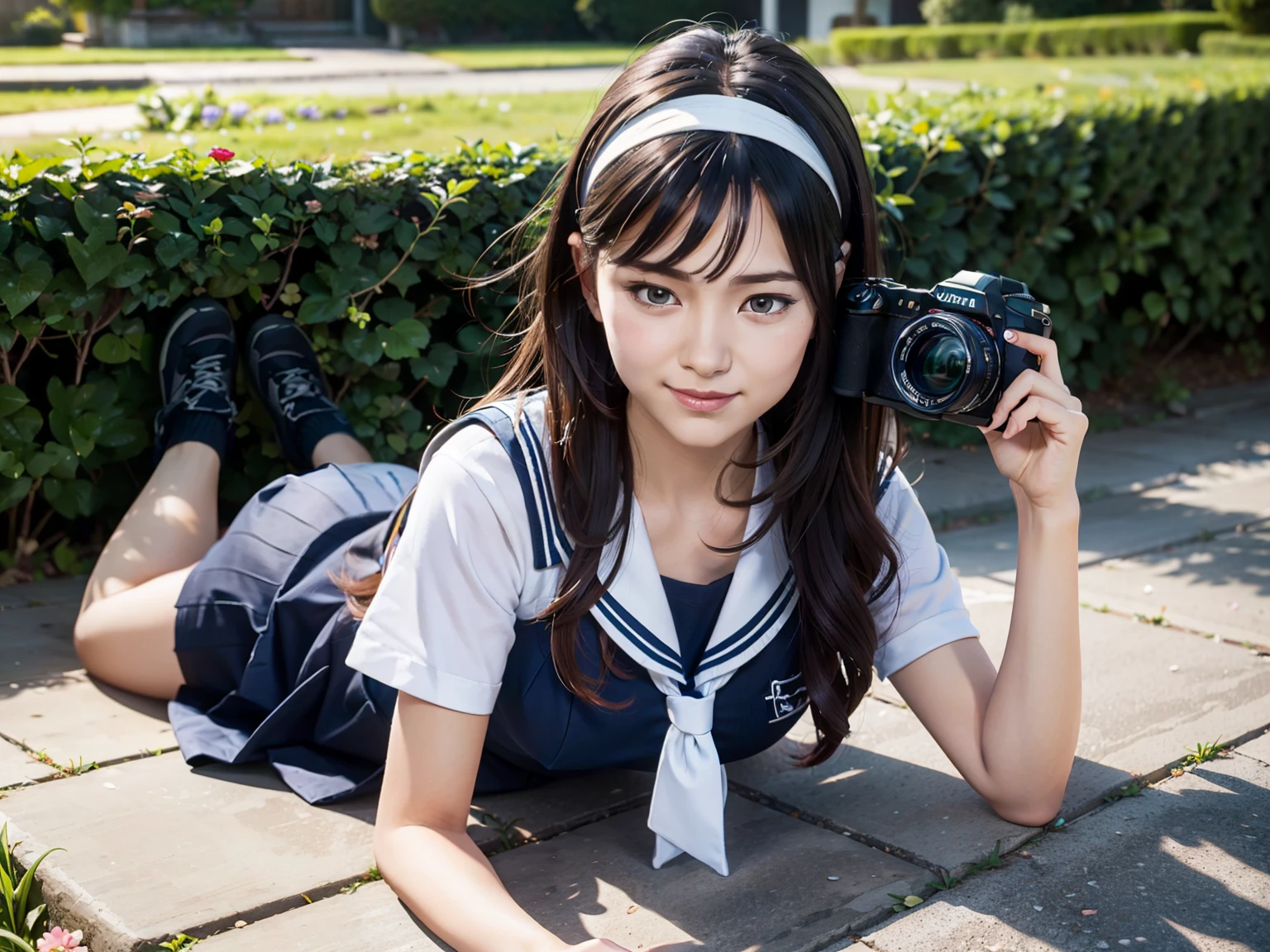 body 8 times longer than head, (Highly detailed CG unity 8k), (highest quality)，(very detailed)，(ultra high resolution), black hair, High school girl wearing a navy sailor suit, Realistic 3D rendering, realistic high school girl, ((White headband)), small breasts, tall, slanted eyes, (school scenery), black stockings, bright color, open your mouth, Dark blue skirt, straight hair, Bangs Patsun, position looking down from above, lie on your stomach, Photographing flowers blooming on the ground with a smartphone, smile,