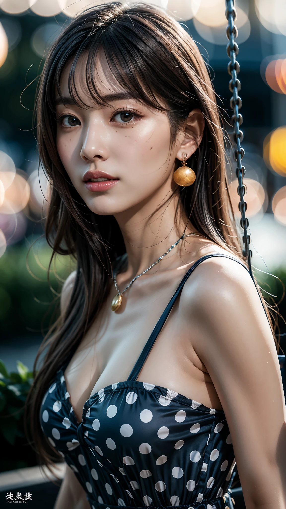 (realistic, photo-realistic:1.37), (masterpiece), (best quality:1.4), (ultra high res:1.2),(RAW photo:1.2), (sharp focus:1.3), (face focus:1.2), vibrant details, hyperrealistic, elegant,
kawaii,cute,
(1 woman, 独奏),
french twist, bangs
amethyst hair,
azure eyes,drooping eyes,
longeyelashes,eyeshadow,eyeliner,earrings,
(smile),
((Clothes: A polka dot swing dress with a sweetheart neckline.):1.37),
BREAK
simple background, ((night,bokeh):1.37),Exposing breasts，Full body display，Full body display，Huge breasts、Exposing breasts，Full body display，Full body display，Huge breasts、

