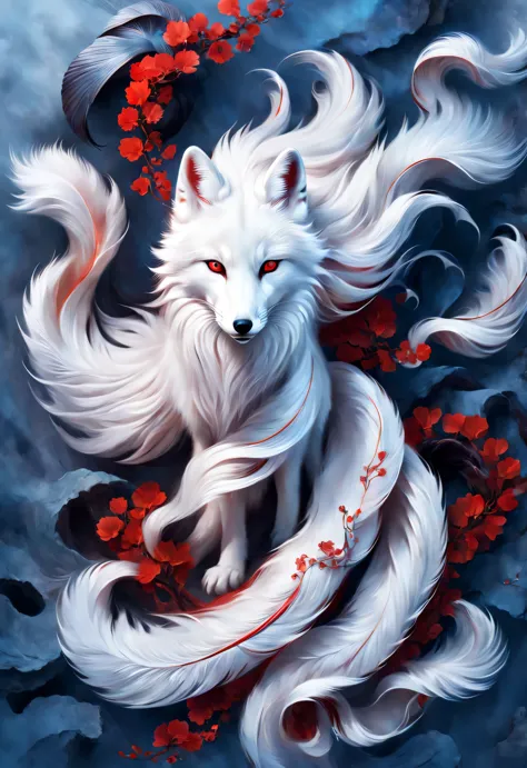 (A white fox with nine red tails in ancient Chinese mythology, Mountain and Sea Sutra), long hair, Mysterious legends, Chinese mythology, Gorgeous and beautiful hair, blue eyes, concept art, illustration, 8k, Smooth, clear focus,