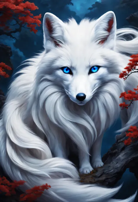 (Nine red tailed white foxes from ancient Chinese mythology, Mountain and Sea Sutra), long hair, Mysterious legends, Chinese mythology, Gorgeous and beautiful fur, blue eyes, concept art, illustration, 8k, Smooth, clear focus,