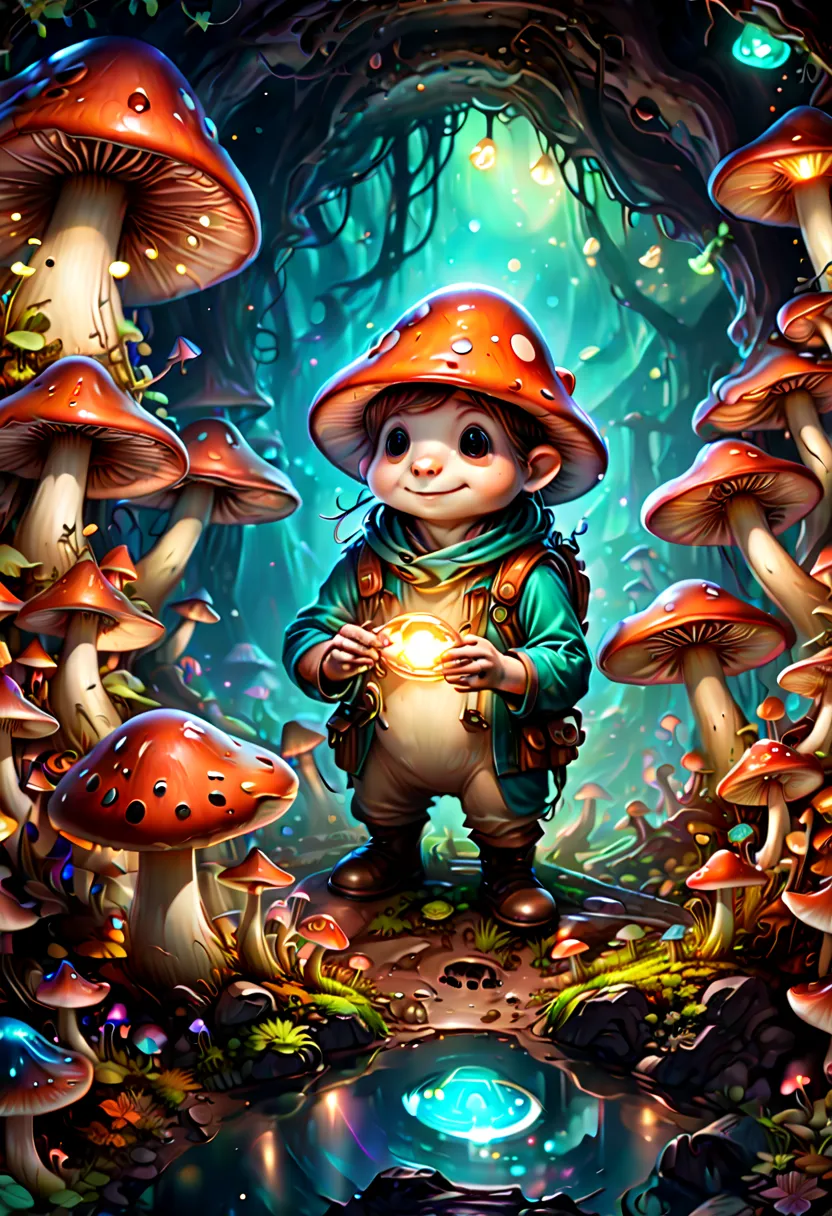 a cheerful mole miner gathering glowing mushrooms in a fairy ring circle deep in an underground cavern. painterly illustration f...