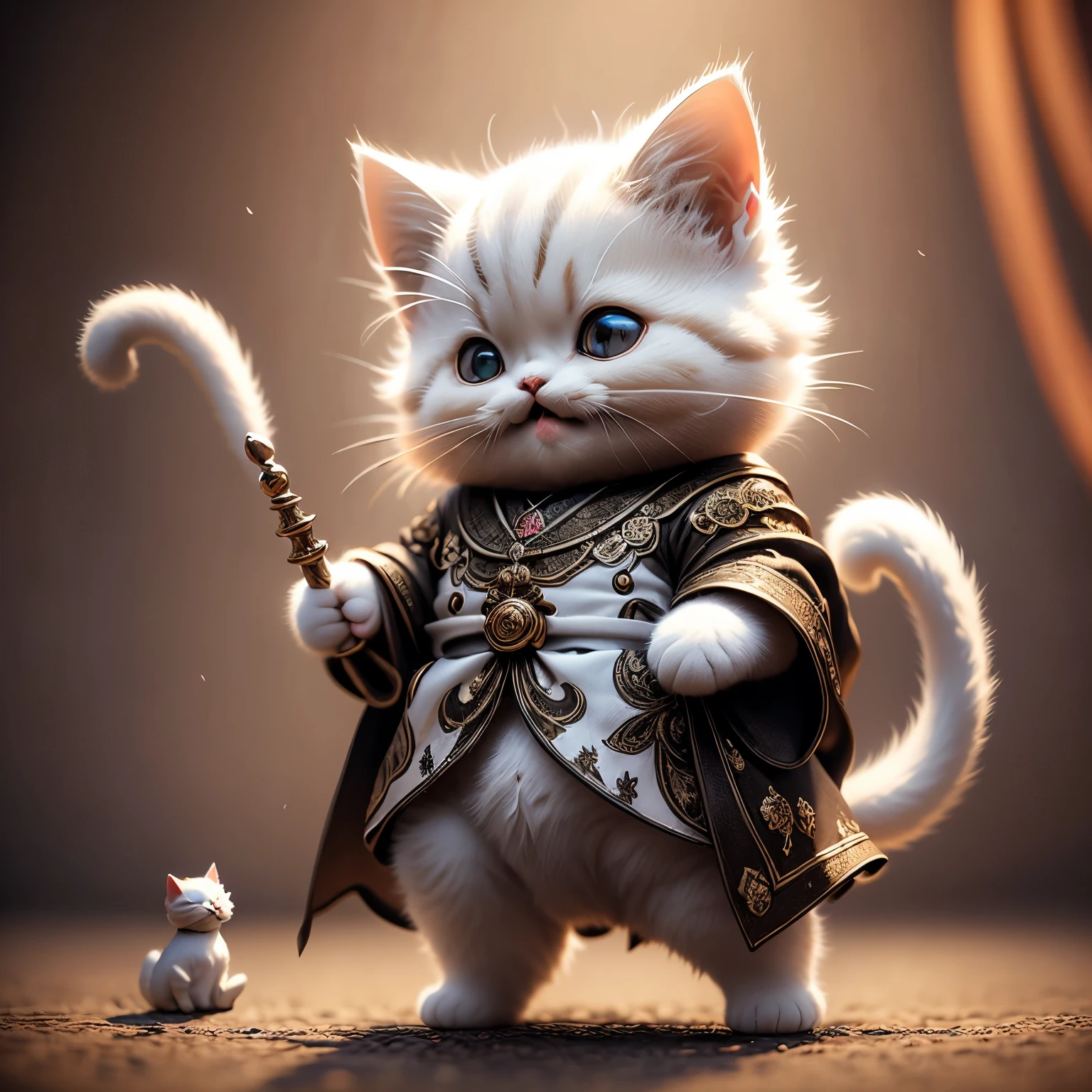 masterpiece、highest quality、super detailed、(Chibi Chara White Cat:1.2),realistic cat,Detail coat,wizard ,Royal Hall,laughter,full body standing,