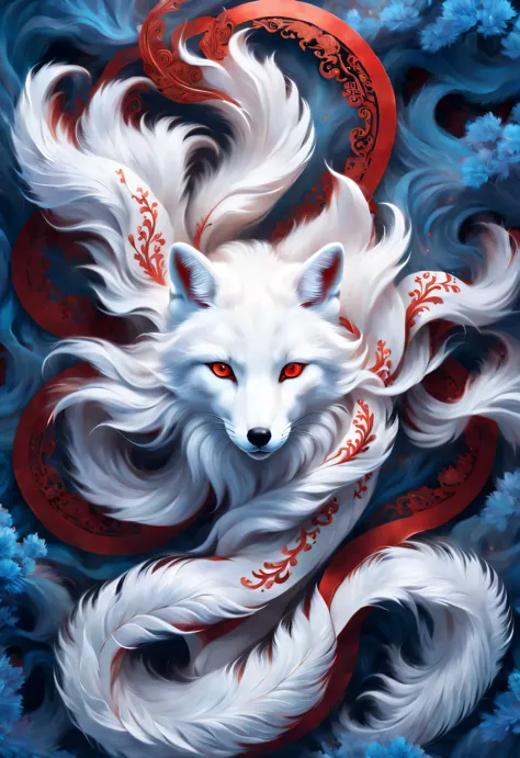 (A white fox with nine red tails in ancient Chinese mythology, Mountain and Sea Sutra), long hair, Mysterious legends, Chinese mythology, Gorgeous and beautiful hair, blue eyes, concept art, illustration, 8k, Smooth, clear focus,