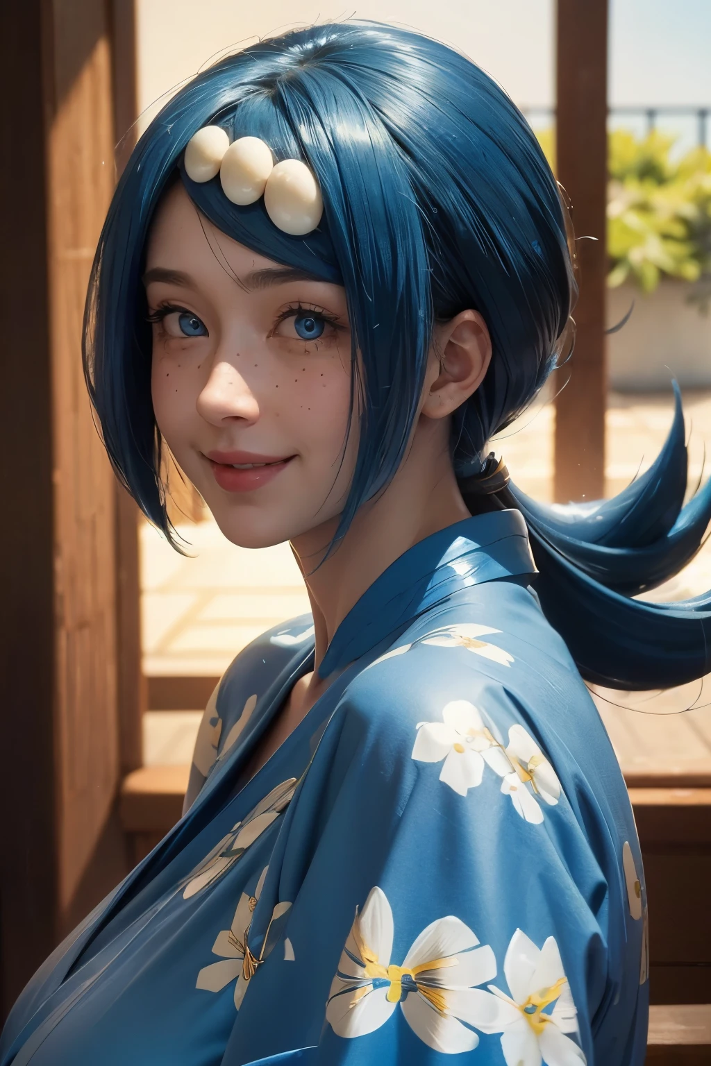 (best quality), (masterpiece), detailed, depth of field, perfect lighting, 1girl, mature female, blue eyes, blue hair, low ponytail, hair ornament, (best quality), (masterpiece), detailed, depth of field, short sleeves,  blue kimono, blue hair, upper body, freckles, huge breasts, smile