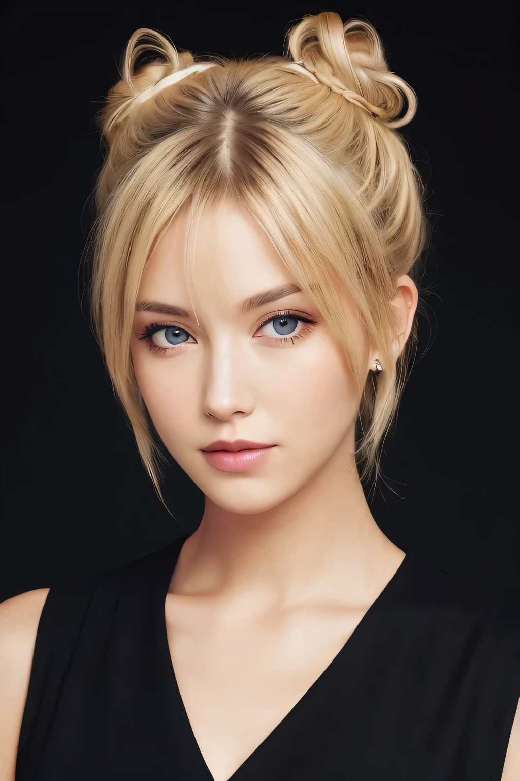 an eye contact of a blond with bun hair and dark theme