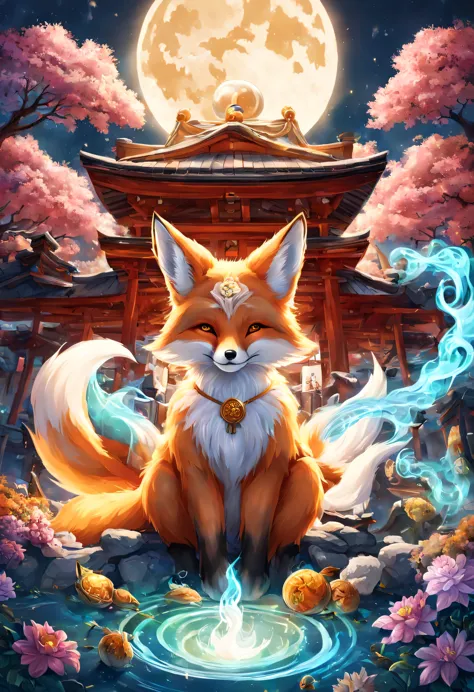 Magical creatures, Fox, magical Fox, (Fox with magical aura and white smoke), At the shrine, full moon in the background, (masterpiece), (highest quality), (Ultra high detail)