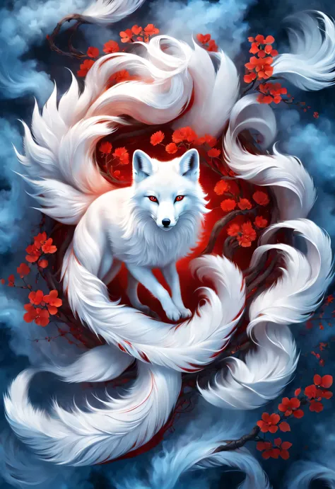 (A white fox with nine red tails in ancient Chinese mythology, Mountain and Sea Sutra), long hair, Mysterious legends, Chinese mythology, Gorgeous and beautiful hair, （blue eyes）, concept art, illustration, 8k, Smooth, clear focus,