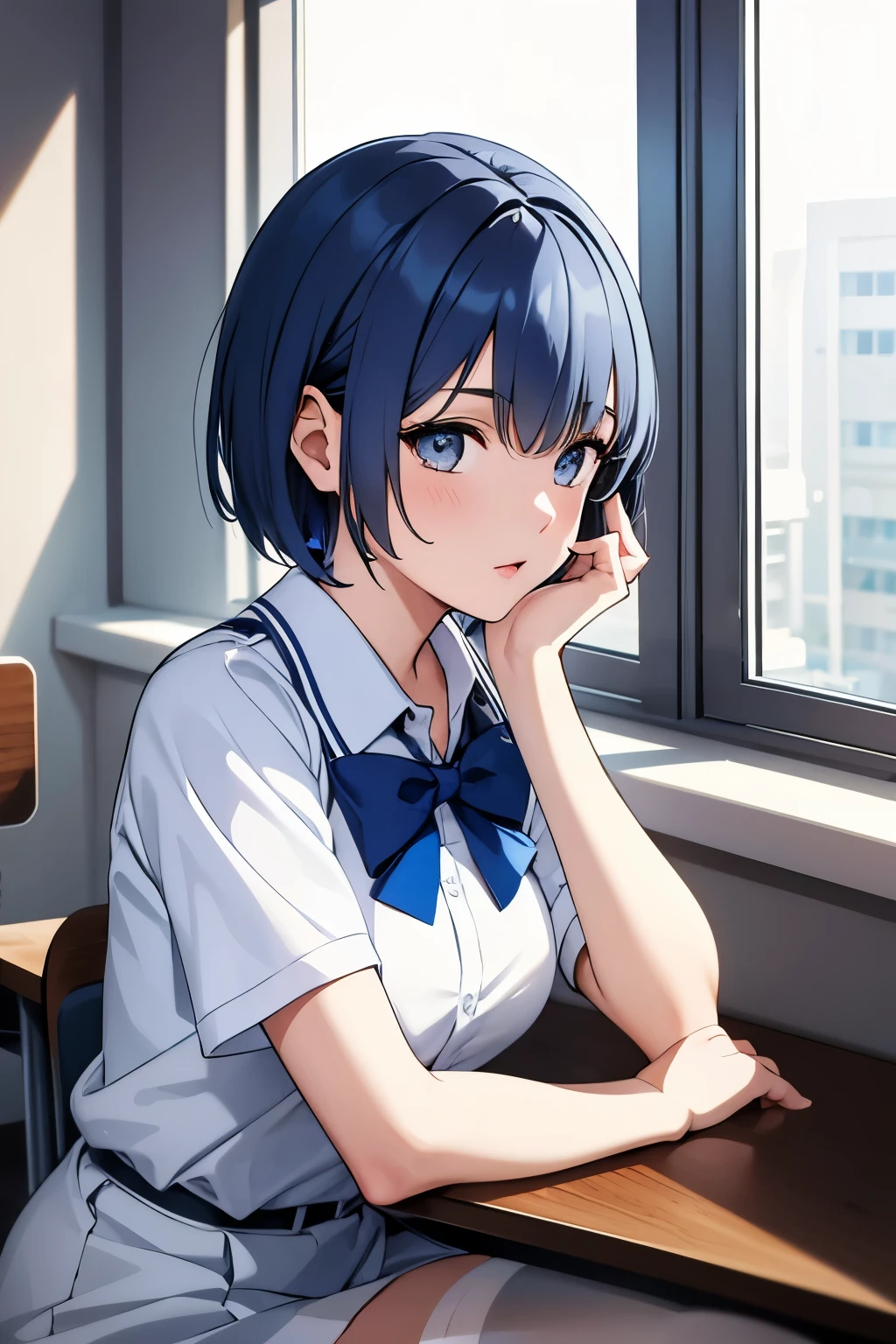 young woman, with short blue hair, gray eyes, in school uniform with short sleeves, in white stockings