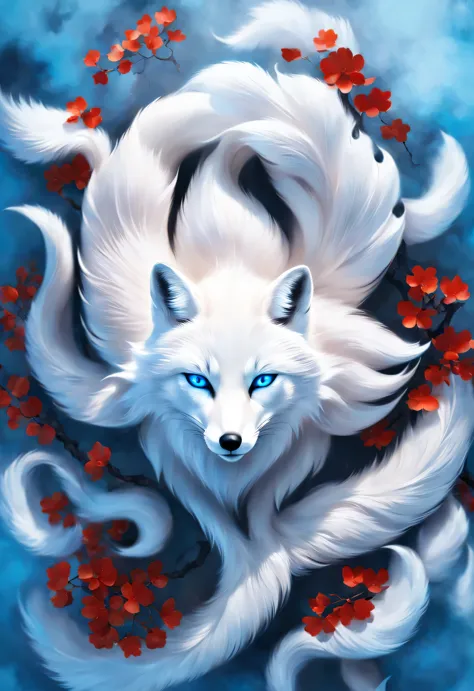(A white fox with nine red tails in ancient Chinese mythology, Mountain and Sea Sutra), long hair, Mysterious legends, Chinese m...