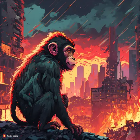 A monkey sitting on a destroyed building in the city, ((apocalypse)), apocalypse art, ((vector art))