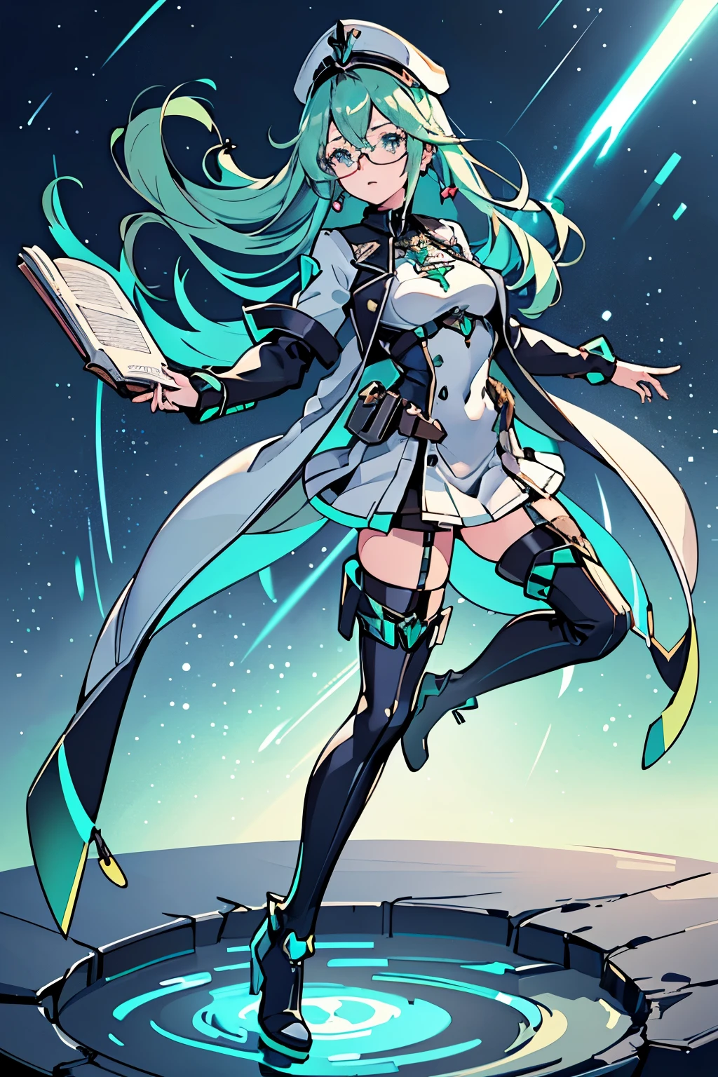 Anime, Girl, (((1girl))), (((Waifu, Xenoblade Chronicles 2, Pneuma Waifu))), (((Seafoam Green Hair, Long Hair))), ((Seafoam Green Eyes eyes:1.3, Upturned Eyes: 1, Perfect Eyes, Beautiful Detailed Eyes, Gradient eyes: 1, Finely Detailed Beautiful Eyes: 1, Symmetrical Eyes: 1, Big Highlight On Eyes: 1.2)), (((Lustrous Skin: 1.5, Bright Skin: 1.5, Skin Fair, Shiny Skin, Very Shiny Skin, Shiny Body, Plastic Glitter Skin, Exaggerated Shiny Skin, Illuminated Skin))), (Detailed Body, (Detailed Face)), Young, Idol Pose, (Best Quality), ((((Techwear))), (((Military Uniform))), (((Military Cap))), (((Military Coat))), (((Thigh-high Heeled Boots))), (((Reading Glasses))), (((Earrings)))) High Resolution, Sharp Focus, Ultra Detailed, Extremely Detailed, Extremely High Quality Artwork, (Realistic, Photorealistic: 1.37), 8k_Wallpaper, (Extremely Detailed CG 8k), (Very Fine 8K CG), ((Hyper Super Ultra Detailed Perfect Piece)), (((Flawlessmasterpiece))), Illustration, Vibrant Colors, (Intricate), High Contrast, Selective Lighting, Double Exposure, HDR (High Dynamic Range), Post-processing, Background Blur