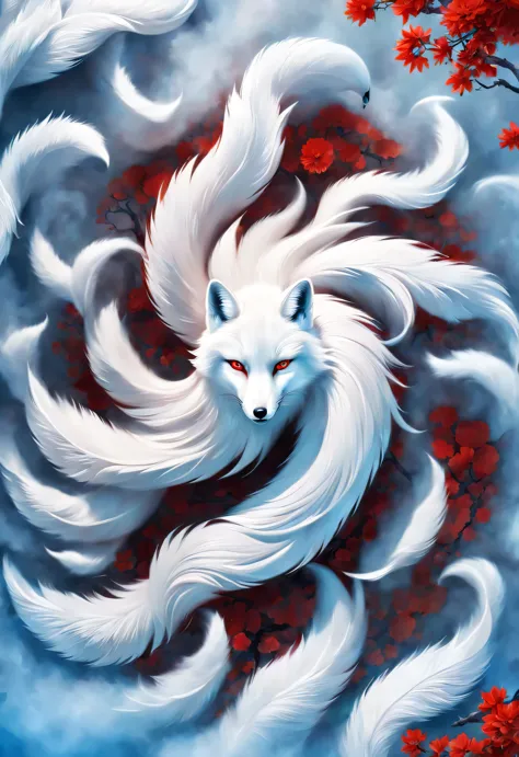 (A white fox with nine red tails in ancient Chinese mythology), Mountain and Sea Sutra, beautiful long hair, Mysterious legends, Chinese mythology, (blue eyes), (The fox grew nine red tails，like a whirlpool), clear fox paw, concept art, illustration, 8k, S...