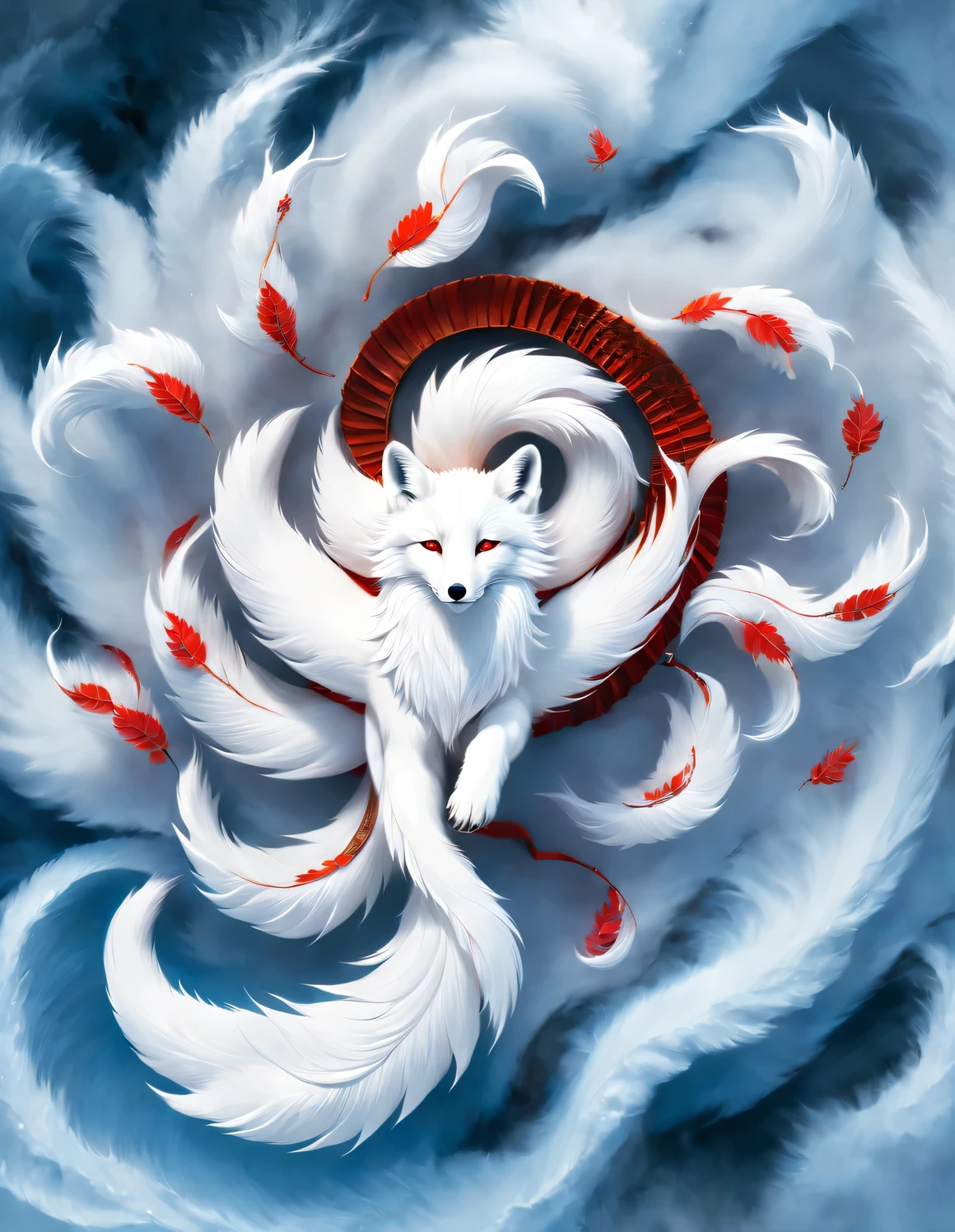 (A white fox with nine red tails in ancient 中國神話), (整個身體側向), (山海經, 美麗的長髮, 神秘的傳說, 中國神話, (藍眼睛), (九條紅尾巴圍著狐狸轉), 透明的狐狸爪子, 概念藝術, 插圖, 8K, 焦點平滑清晰,