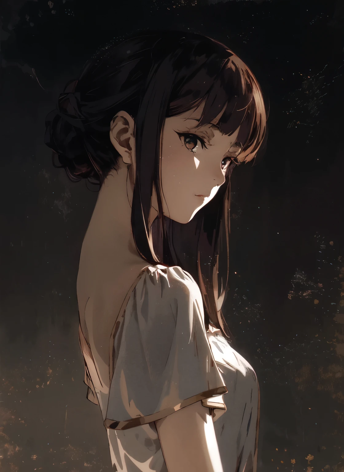 Anime-Mädchen mit kurzen braunen Haaren mit zwei Hörnern, die unter ihrem Haar hervorstehen, und einem weißen Kleid, das vor einem dunklen Hintergrund steht, artwork in the style of guweiz, Profil eines Anime-Mädchens, Porträt Anime Mädchen, schönes Anime-Porträt, Blick auf den Betrachter, 
