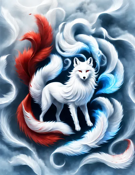(A white fox with nine red tails in ancient Chinese mythology), (whole body on side), (Mountain and Sea Sutra, beautiful long hair, Mysterious legends, Chinese mythology, (blue eyes), (Nine red tails circle the fox), clear fox paw, concept art, illustratio...