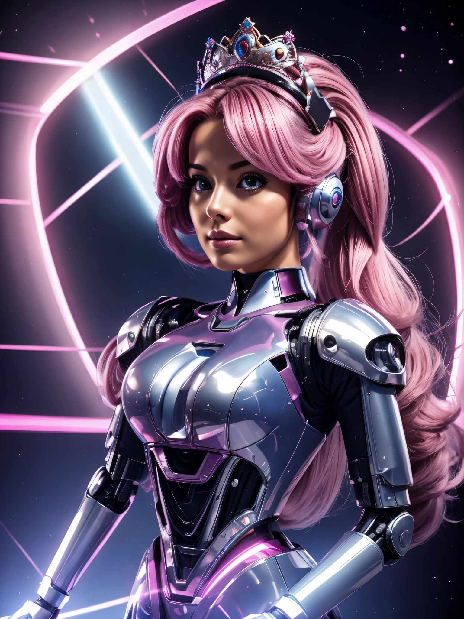 picture of princess peach from mario bros 2 parts, one she is human, another she's transformed into a robot and use silver lipstick, being reprogrammed, futuristic headset , ultrarrealistic. blue led eletronic pupils , glowing, high pony tail hair, auburn color, with two white front hair streaks, light curled hair, she stands up at atention, awaiting commands with blank expression, fitness body, 