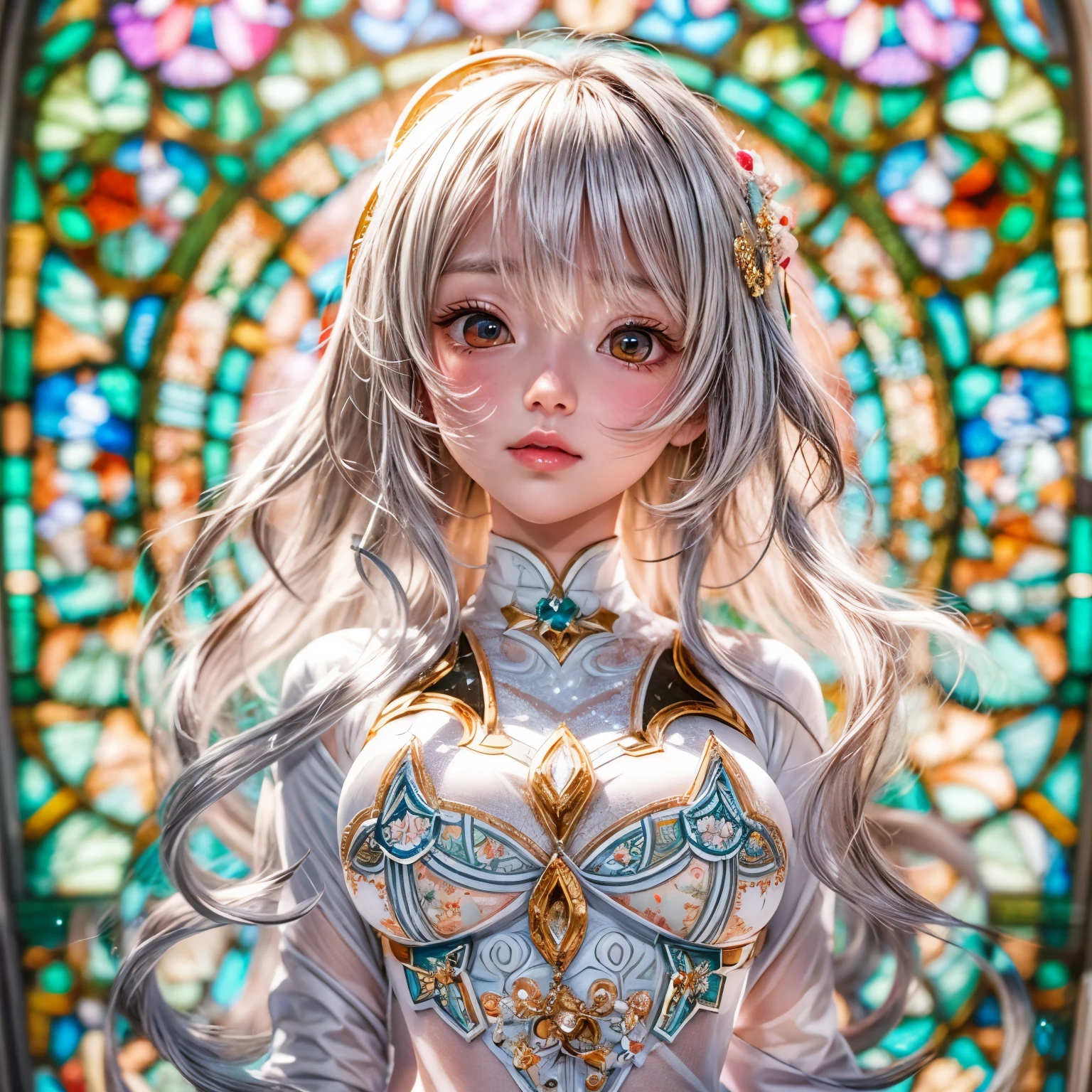 KAWAII girl in ((WHITE loose opened Uniform)), with Glossy RED lips, (Exposed:0.7), (nipple:-1), { Extremely closeup | Dynamic-angle }, ((Dazzling stained glass Background)), (( colorful Light pours down from stunning elaborate stained glass:1.2)), vivid Red colors . ((Acutance:0.8, physically-based 3D rendering with Volumetric lighting)), (masterpiece:1.2) of professional Analog photo with Hasselblad open aperture, (8K, ultra-detailed:1.35), (realistic, photorealistic, ((photo-realistic:1.37))with touch of rawness) . ((Renbutsu Misako)), (Extremely detailed KAWAII face variations, with Dynamic expressions),  (detailed eyes with sparkling highlights), captivating gaze, long eyelashes, subtle blush on the face, rosy cheeks, impeccable ivory skin texture . { full of flowers covering girl's body | Mystic sight | God rays | haze | Light Particle | Luminous Particle | Lens Flare | A Halo in the air | Overflowing underboob | Button Undoned } . (((Large eyes:-1))) .