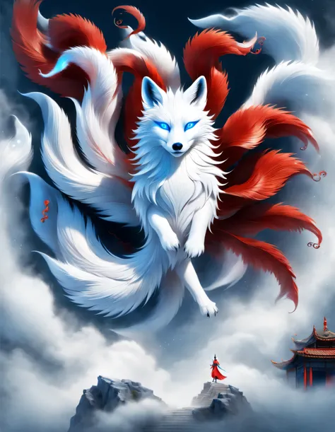 scenography, role conception, a white fox with blue eyes in ancient Chinese mythology, There are nine red tails spreading wildly below (All aside), standing posture, dynamic poses, (The nine huge red tails that protrude from the fox&#39;s waist down), (blu...