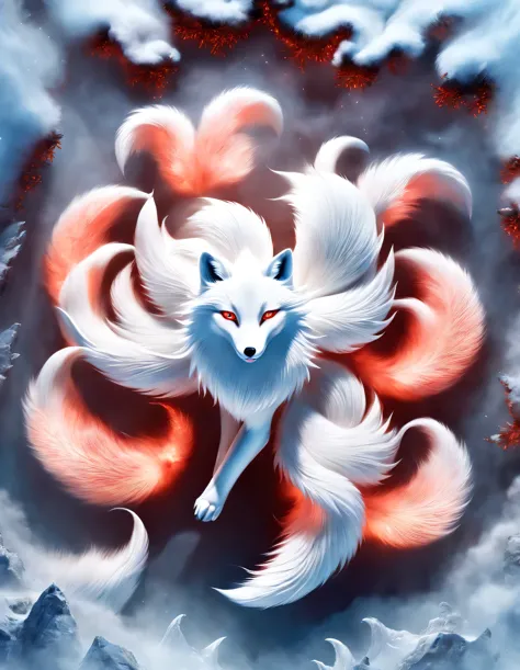 scenography, role conception, 3d rendering, realistic fur,
In ancient Chinese mythology, A white fox with blue eyes, It has nine fan-shaped red tails，unfold wildly below. it stands in a dynamic posture, The fox has nine huge red tails from the waist down. ...