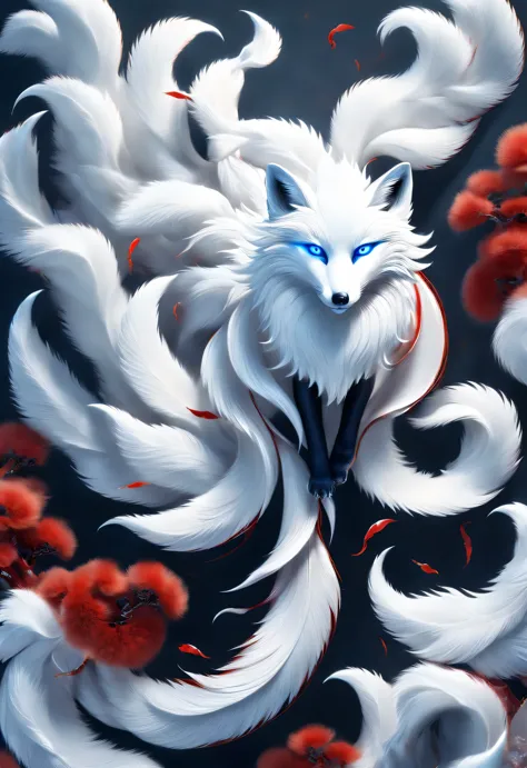 scenography, role conception, a white fox with blue eyes in ancient Chinese mythology, There are nine red tails spreading wildly below (All aside), standing posture, dynamic poses, (The nine huge red tails that protrude from the fox&#39;s waist down), (blu...