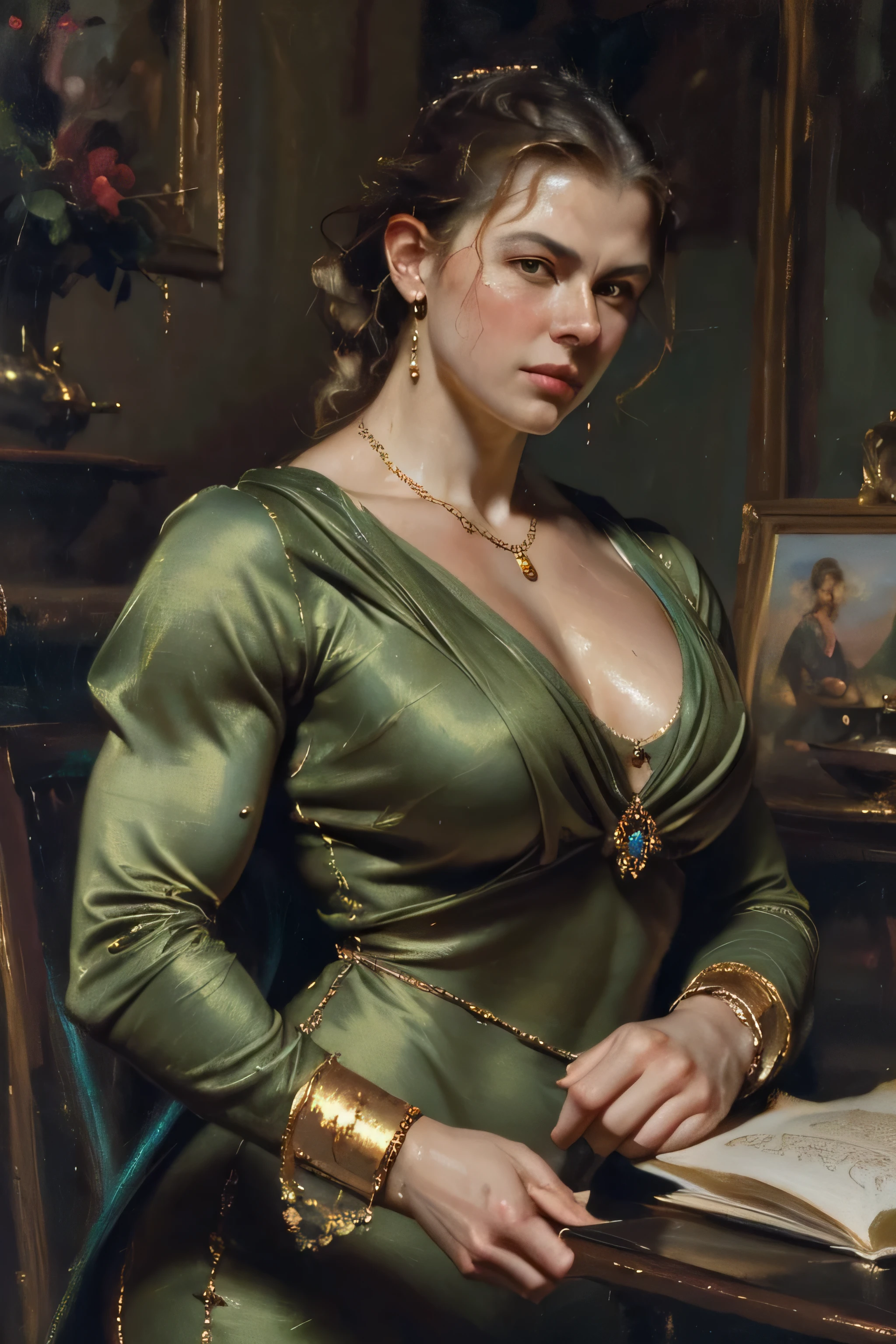Oil painting style, 18th century Oil painting showing the portrait of a young (very muscular:1.75) noble woman, who flexes her biceps, (jewellery:1.4), (tight dress with long sleeves:1.4), (muscle girl), (Sweatdrop:1.3), (​masterpiece), best quality, expressive eyes, perfect face, (alone),artistic Oil painting stick,Oil painting