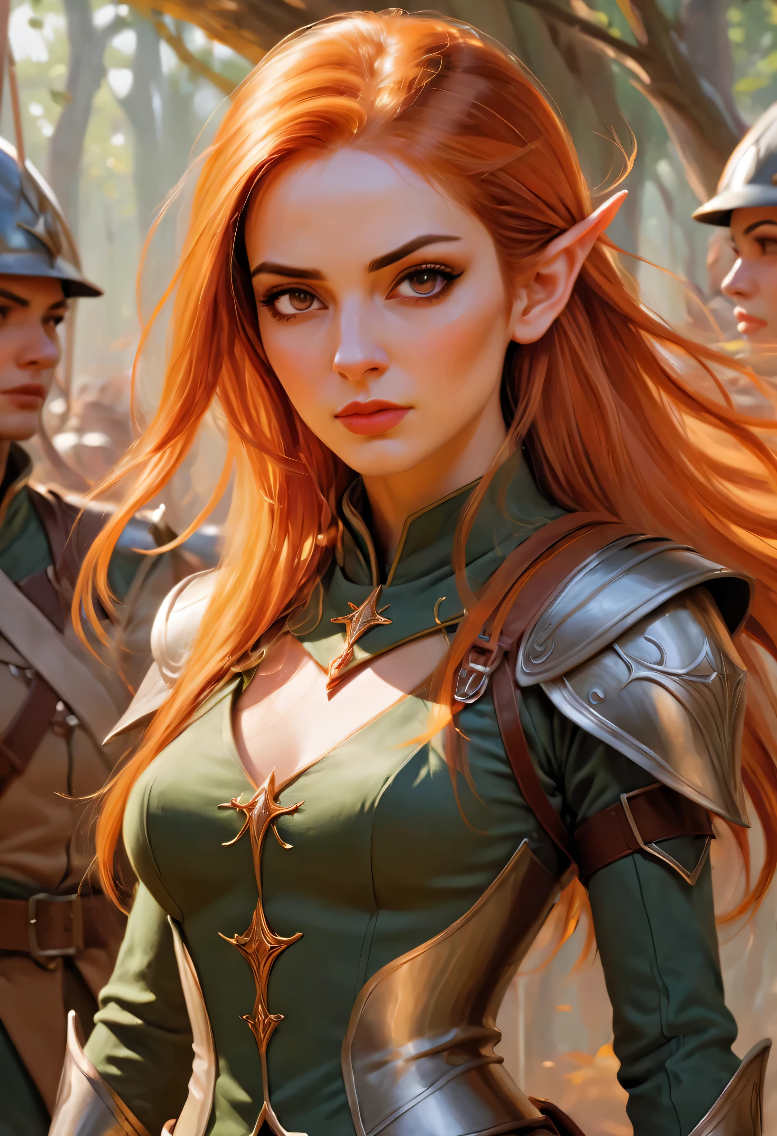 ((Majestic_uniform):1.2), ((Expressive_face:1.2), ((Pretty Elven Soldier):1.1), ((Hourglass_figure):1.1). ((Stand Ready):1.3), | Smooth lines, showing expressions and postures through contrast, Drawing of Auburn Elven Female soldier, fine art piece, hot topic, figurative art, fantasy painting.