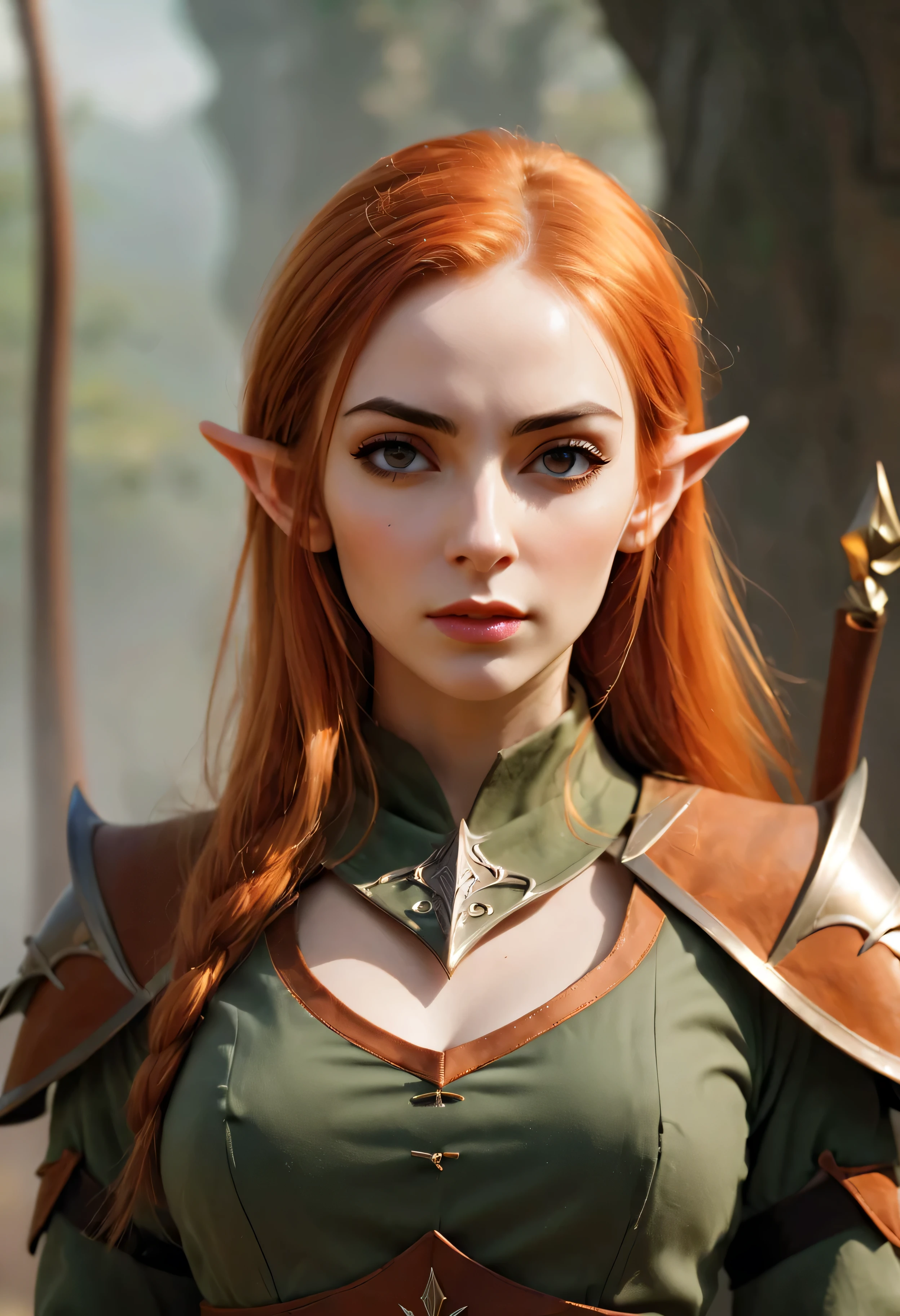 ((Majestic_uniform):1.2), ((Expressive_face:1.2), ((Pretty Elven Soldier):1.1), ((Hourglass_figure):1.1). ((Stand Ready):1.3), | Smooth lines, showing expressions and postures through contrast, Photograph of Auburn Elven Female soldier, fine photography, hot topic, figurative art, fantasy movie.
