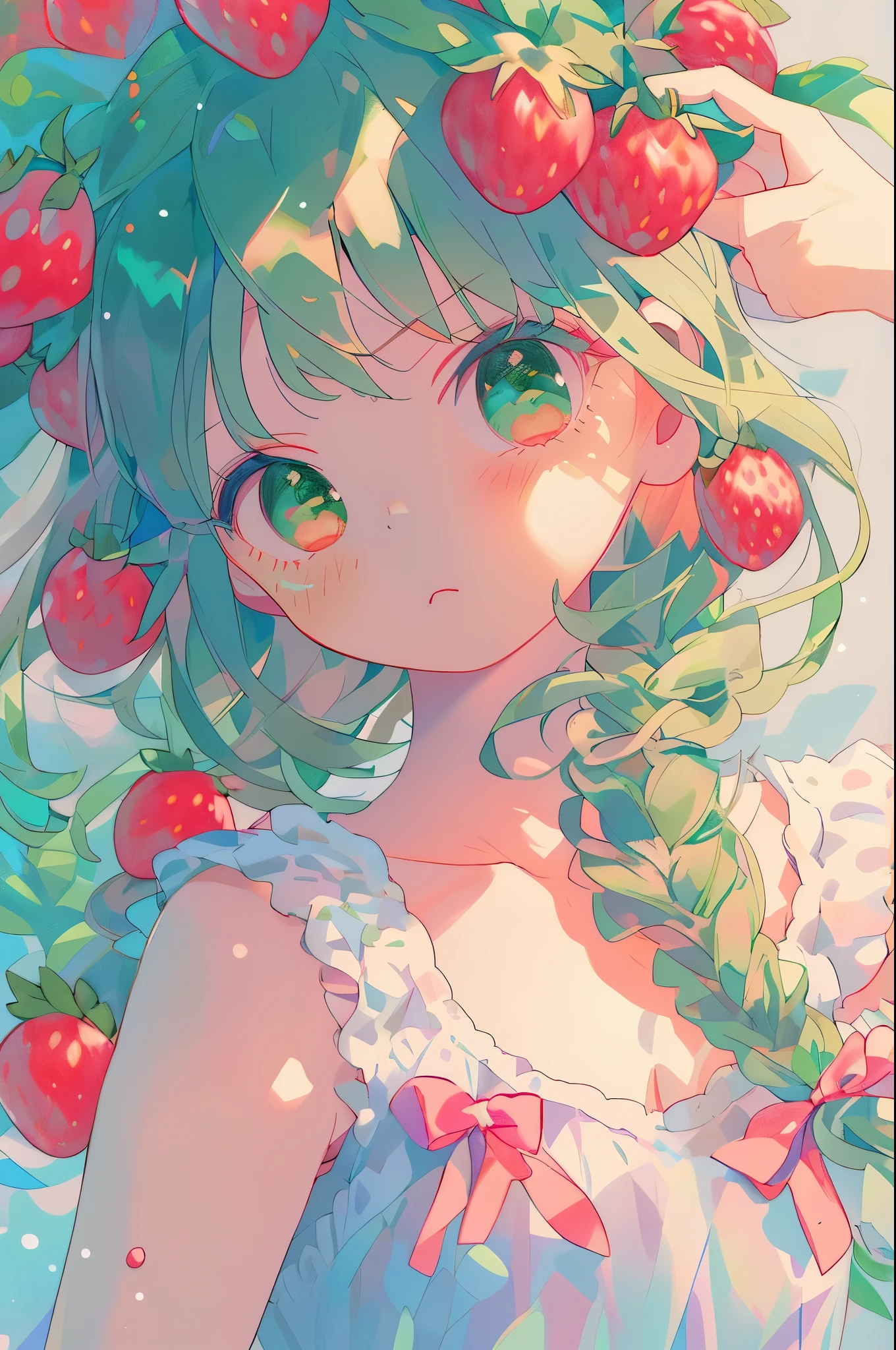 pastel colour,A girl with strawberries in her hair,green braided hair,Delicate and delicious-looking strawberries grow,Big eyes,long eyelashes,delicate makeup,Too eyebrows,transparent skin,pure white lace dress