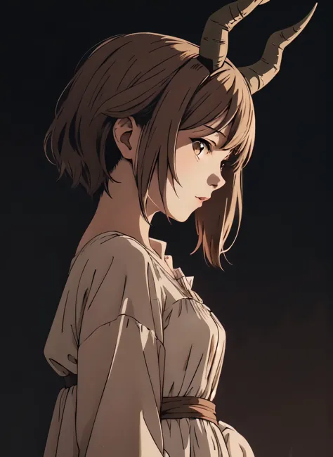 anime girl with short brown hair with two horns protruding from beneath her hair and a white dress standing in front of a dark b...