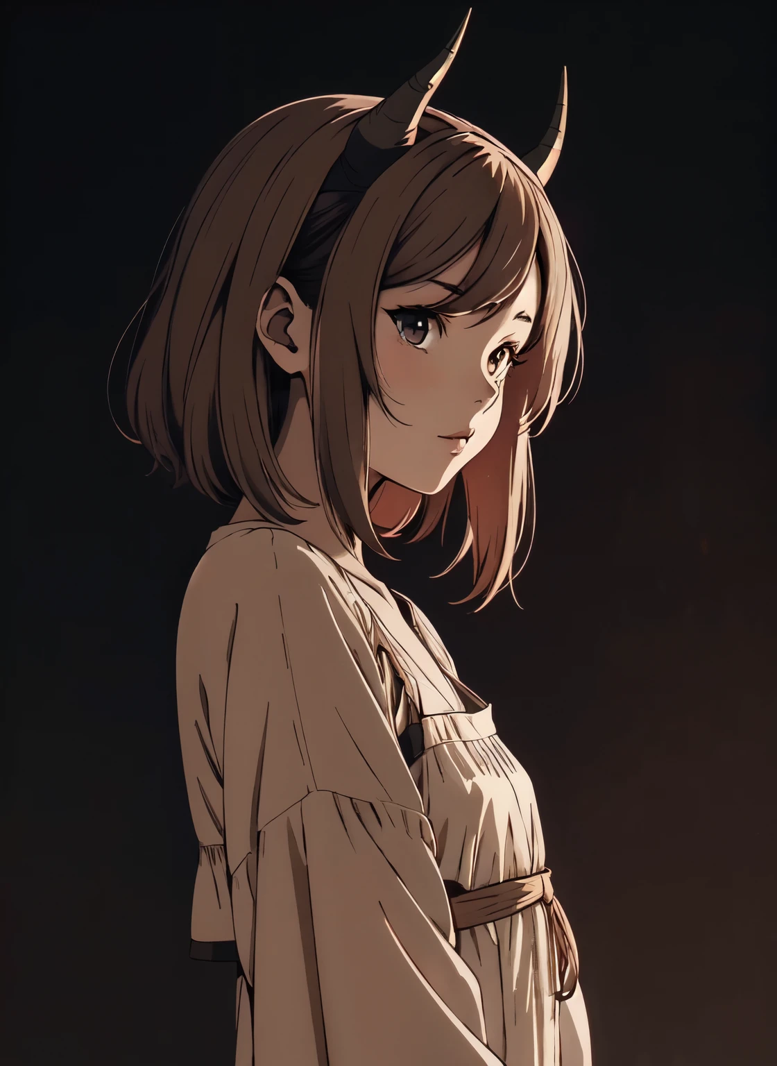 anime girl with short brown hair with two horns protruding from beneath her hair and a white dress standing in front of a dark background, artwork in the style of guweiz, profile of anime girl, portrait anime girl, beautiful anime portrait, looking to the viewer, 