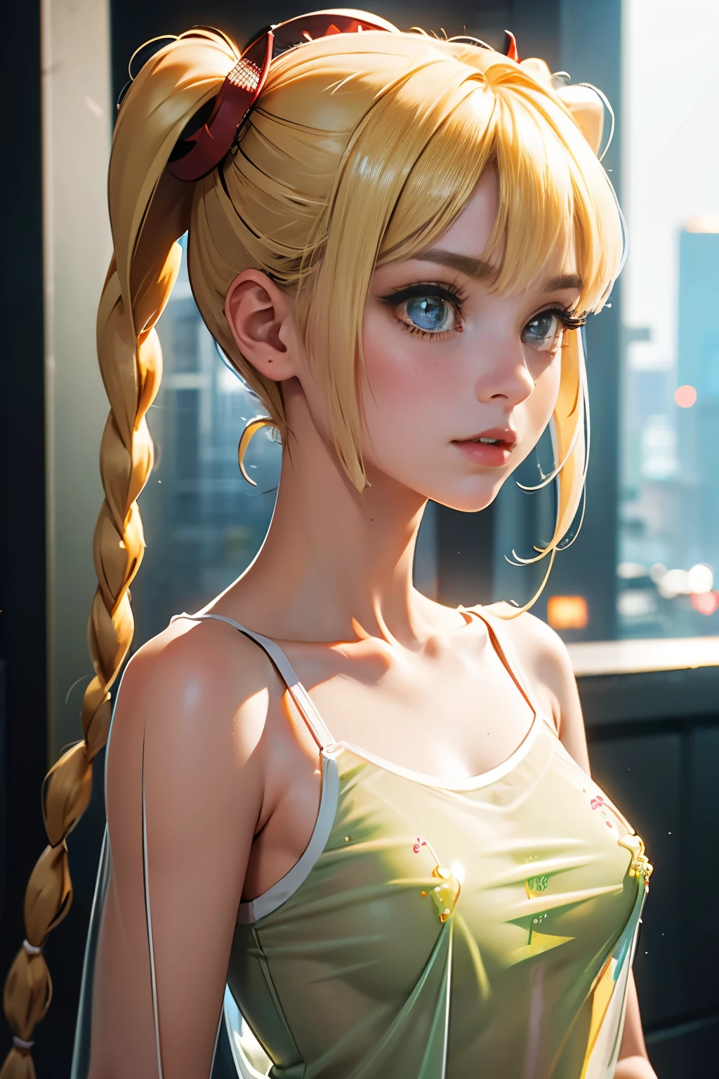 Optimal，masterpiece，High resolution，highest quality，hyper hd，Super detailed，award-winning，16k，alone，（Upper body），correct anatomy，Beautiful Cyberpunk Girl，cowboy shot、cute face，，blonde、long hair、twin tails、Braid, hair line，（（scarlet eyes）），long eyelashes，drooping corners of the eyes，white skin，shoot from the side, ((See-through camisole:1.5)), ((transparent nipples))、rocket , （because I&#39;thin），