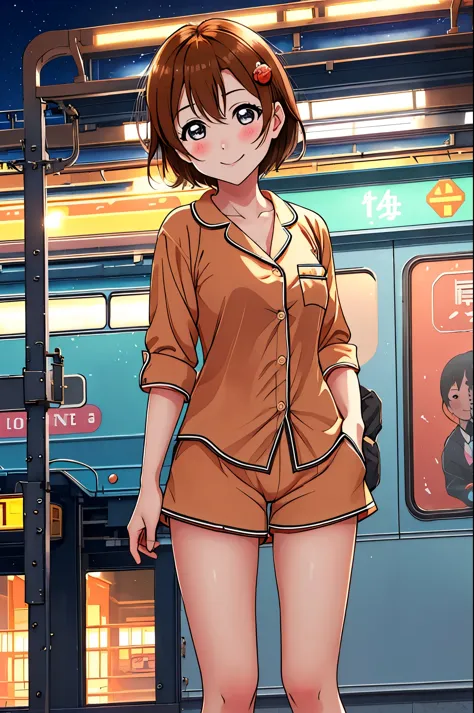 Masterpiece, best quality,Kousaka honoka, facing viewer, looking at viewer ,night, train station, short pajamas shorts,camel toe...