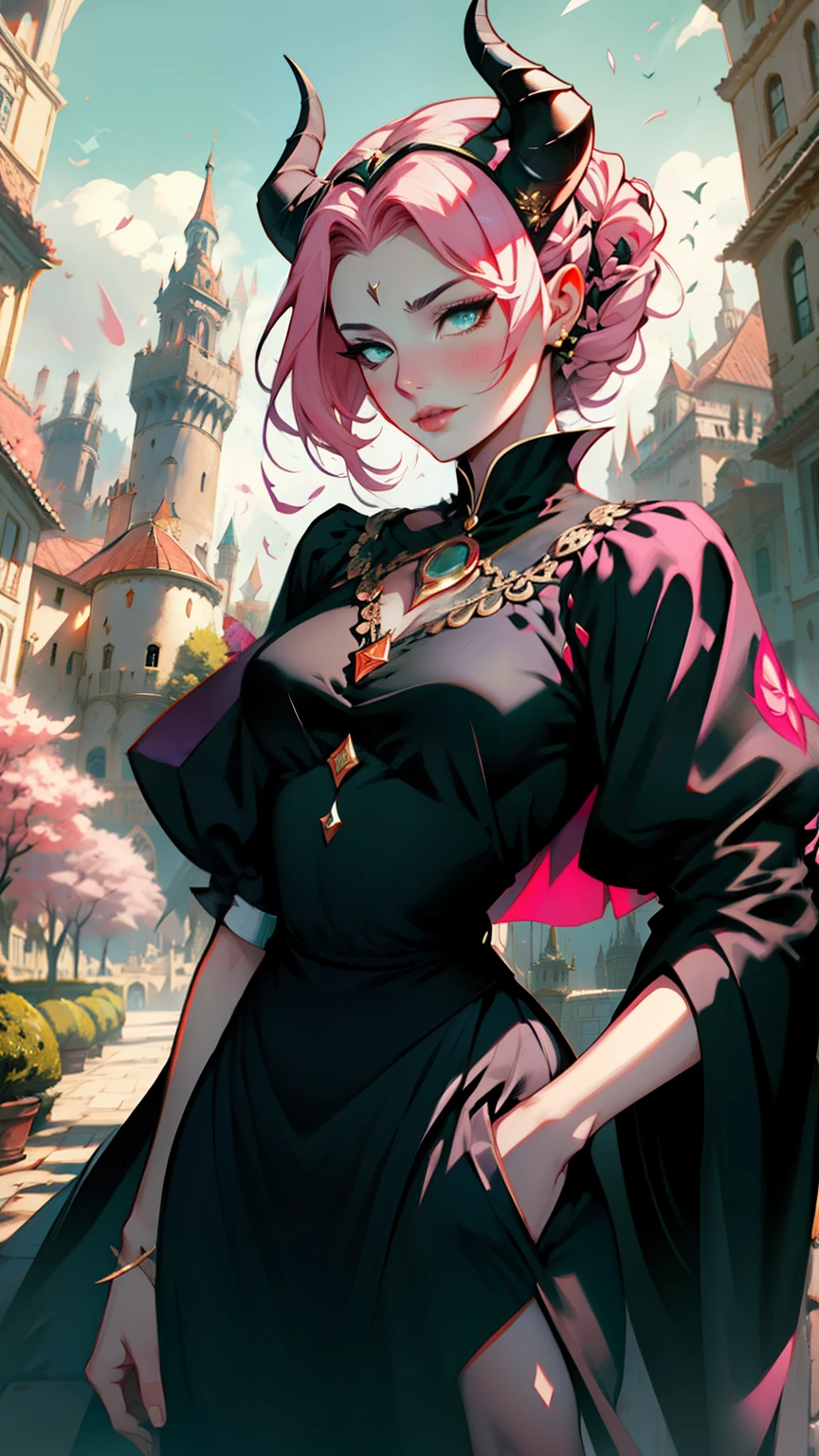 1womanl, dressed up as maleficent, strong emotions, sakura, shorth hair, Lumiere, focusing, how malevolent, fully body, horns on head, 独奏, magic around you, she is in front of a castle, Black pants and blouse,  from head to toe ((fully body!!!)