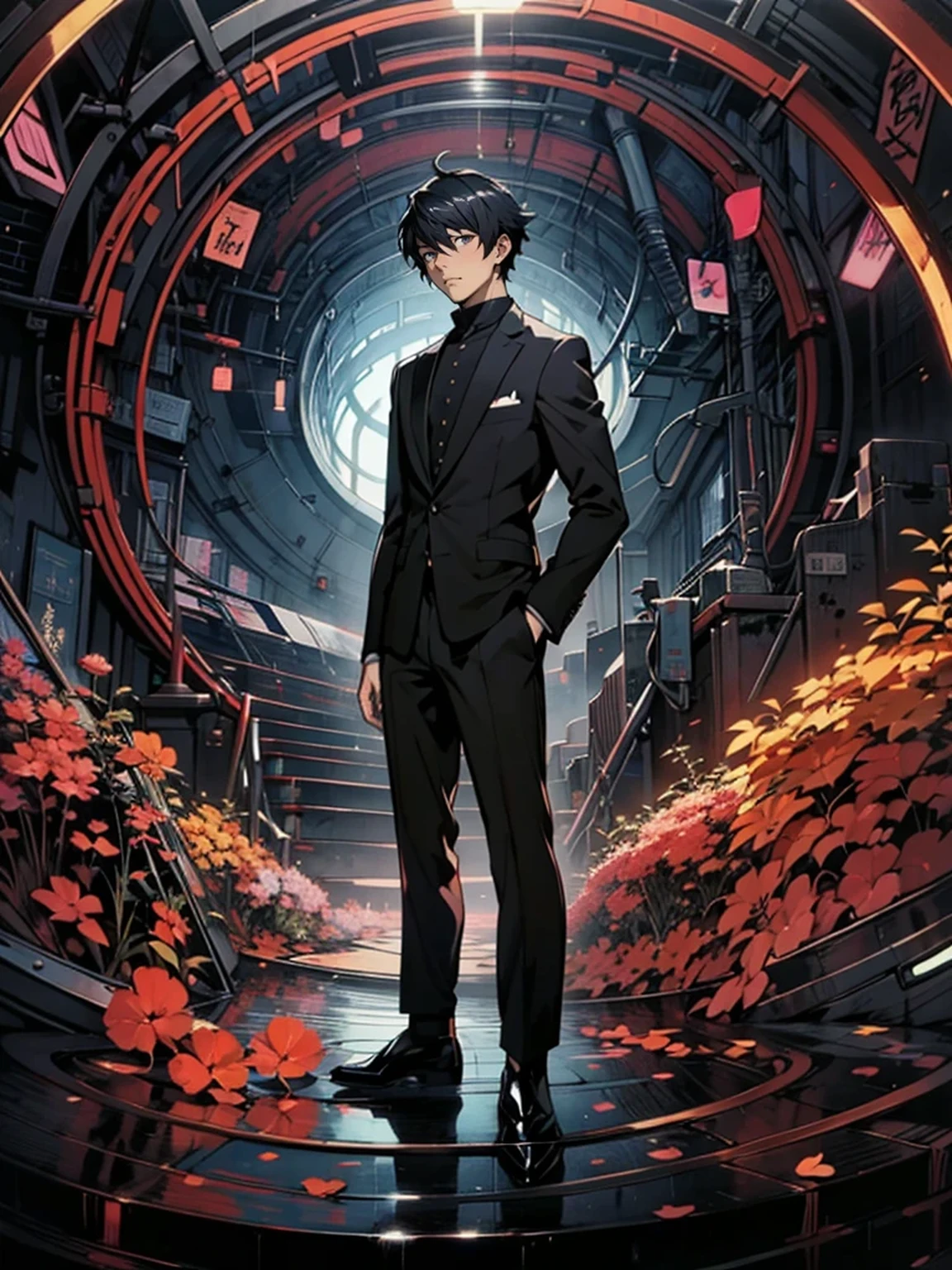 Anime man in a suit standing in a circular tunnel against the sky, ryuta ueda artwork, shigenori soejima illustration, official art, anime key visual of elegant, high detailed official artwork, wearing a black aristocratic suit, dreamy psychedelic anime, Official illustration, anime key visual concept art of, official anime artwork, official artwork, persona art style、Keep your hands in your pants pockets、Glossy floors、black suit、black shirt、amazing background、