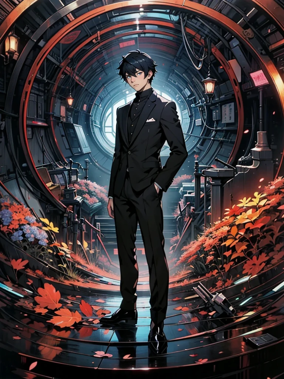 Anime man in a suit standing in a circular tunnel against the sky, ryuta ueda artwork, shigenori soejima illustration, official art, anime key visual of elegant, high detailed official artwork, wearing a black aristocratic suit, dreamy psychedelic anime, Official illustration, anime key visual concept art of, official anime artwork, official artwork, persona art style、Keep your hands in your pants pockets、Glossy floors、black suit、black shirt、amazing background、