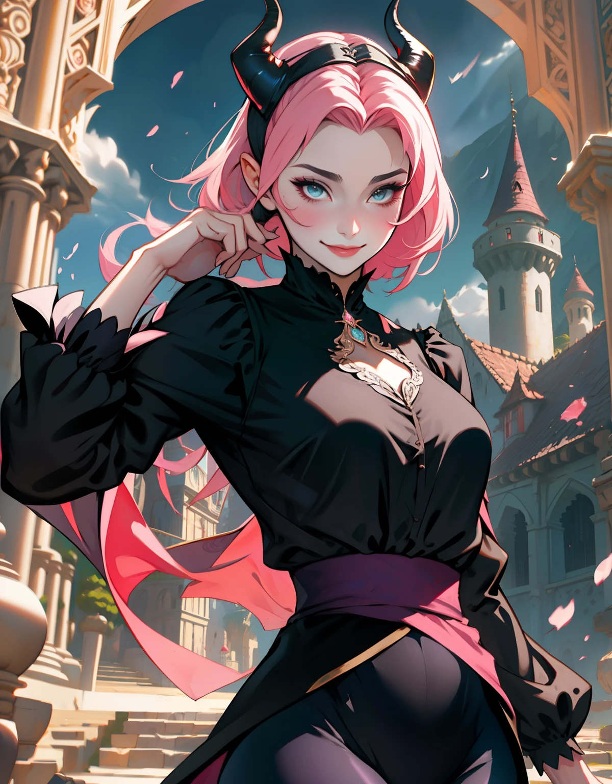 1womanl, dressed up as maleficent, strong emotions, sakura, shorth hair, (pink  hair!!) , Lumiere, focusing, how malevolent, fully body, horns on head, 独奏, magic around you, she is in front of a castle,(leggings and black blouse),  from head to toe ((fully body!!!), malignant, wicked face, evil smile