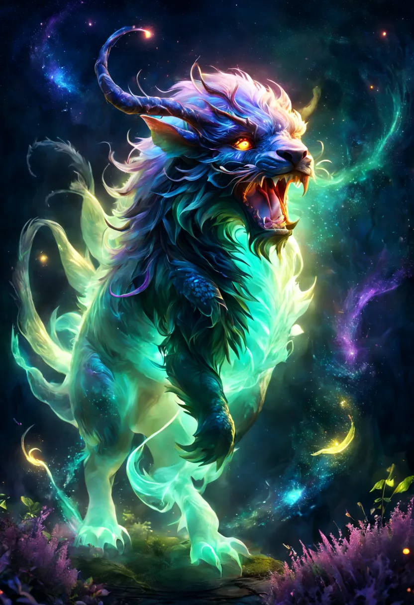 ((a giant glowing magical creature))，(Glowing Chimera)，they will laugh，out of this world，ethereal，uv，translucent，magic动物，Nature，...