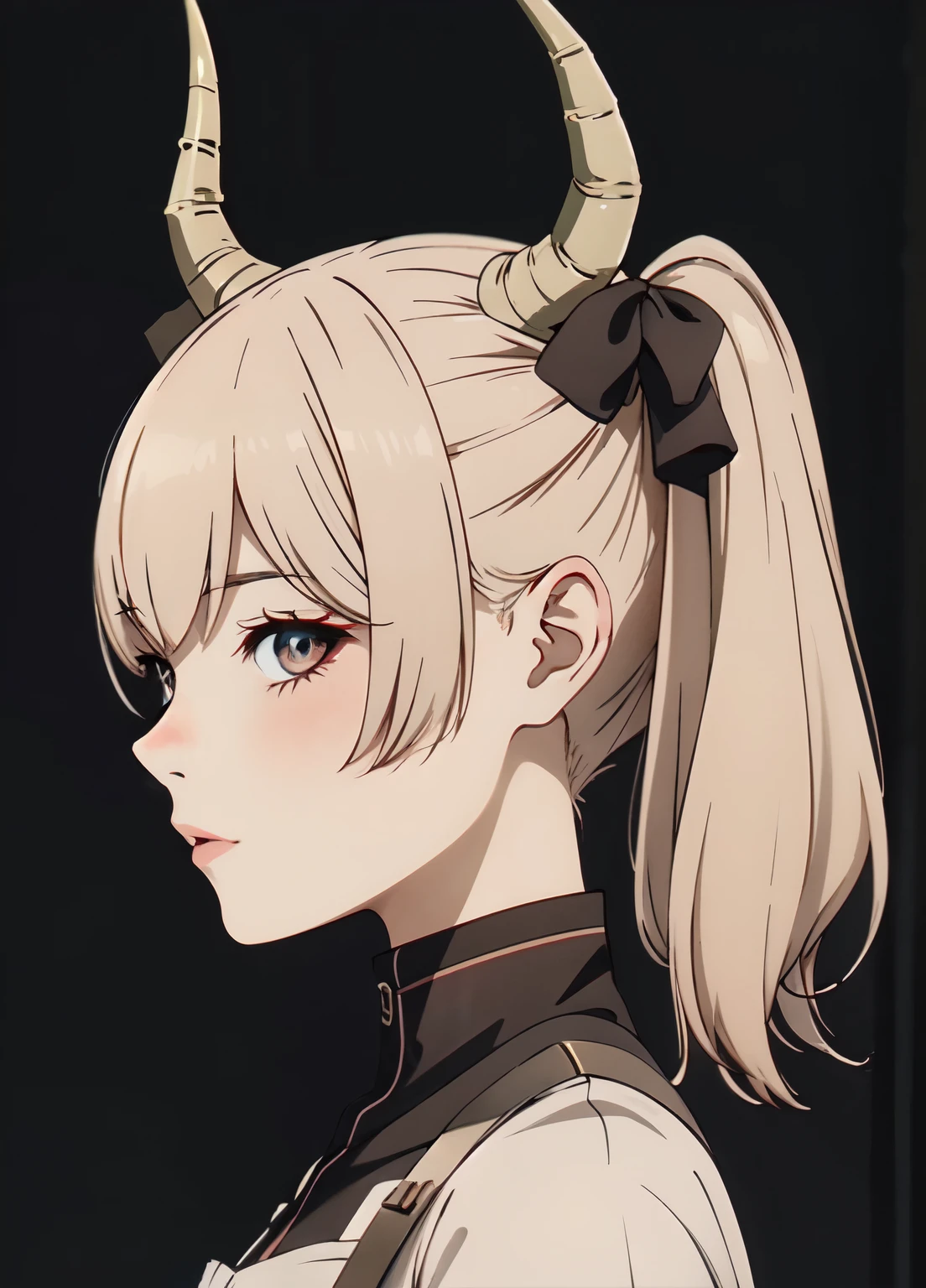 anime girl with short two toned hair with two horns protruding from beneath her hair and a white dress standing in front of a dark background, artwork in the style of guweiz, profile of anime girl, portrait anime girl, beautiful anime portrait, looking to the viewer, 