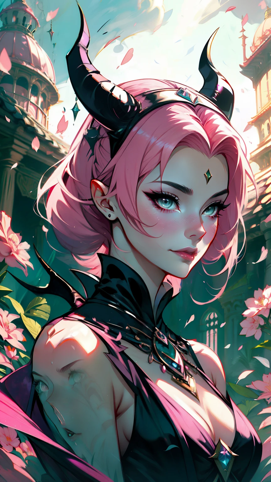 1womanl, dressed up as maleficent, strong emotions, sakura, shorth hair, Lumiere, focusing, how malevolent, pink hair, fully body, horns on head, 独奏, magic around you. random00d . illustration