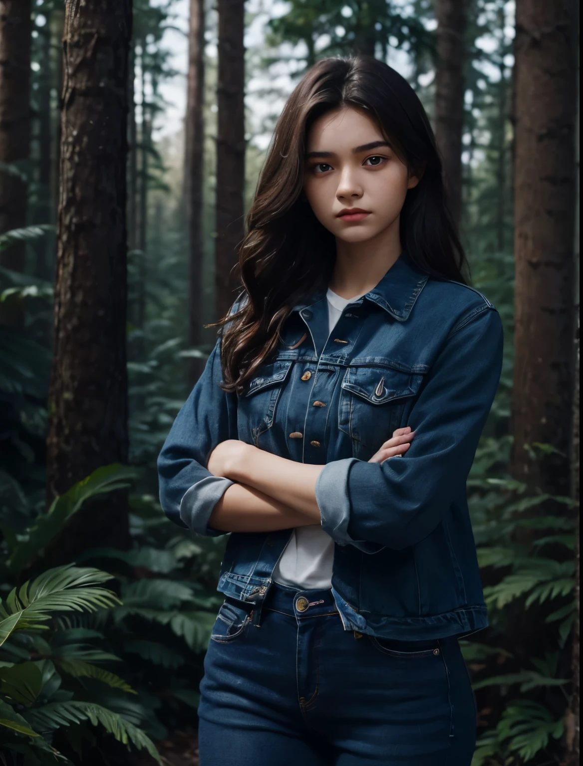 一個美麗的女人. 十五歲. 她雙臂交叉，臉上帶著挑釁的表情. 她穿著藍色牛仔褲. 深棕色頭髮. 她在森林裡.