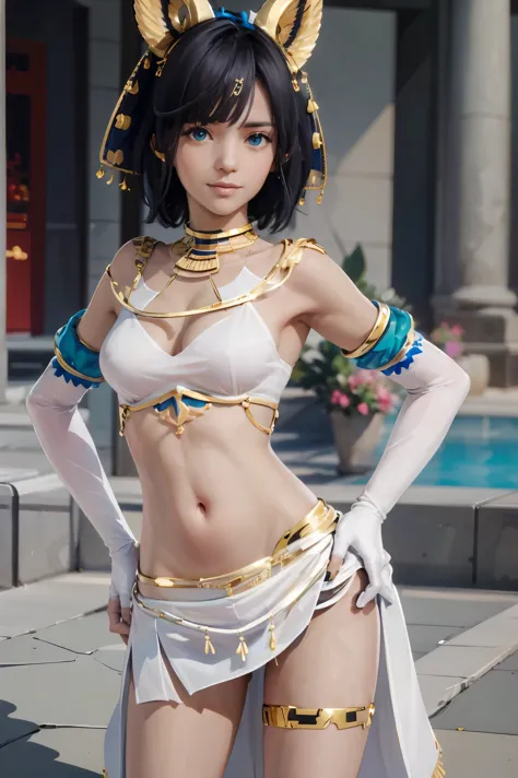 ((masterpiece,best quality)), absurdres, ramesses_ii,  dark skin, solo, smiling, jewelry, gold, nagisa, short hair, 
hip to the side, white miniskirt, contrapposto, hip to the side, hand on hip, dynamic pose, 
pyramid, pool, oasis, gold theme, 
looking at ...