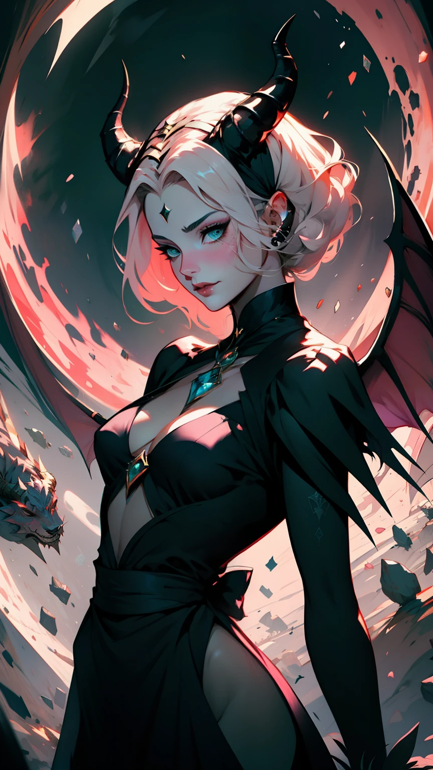1womanl, dressed up as maleficent, strong emotions, sakura, shorth hair, Lumiere, focusing, how malevolent, fully body, horns on head, 独奏, magic around you. random00d . illustration